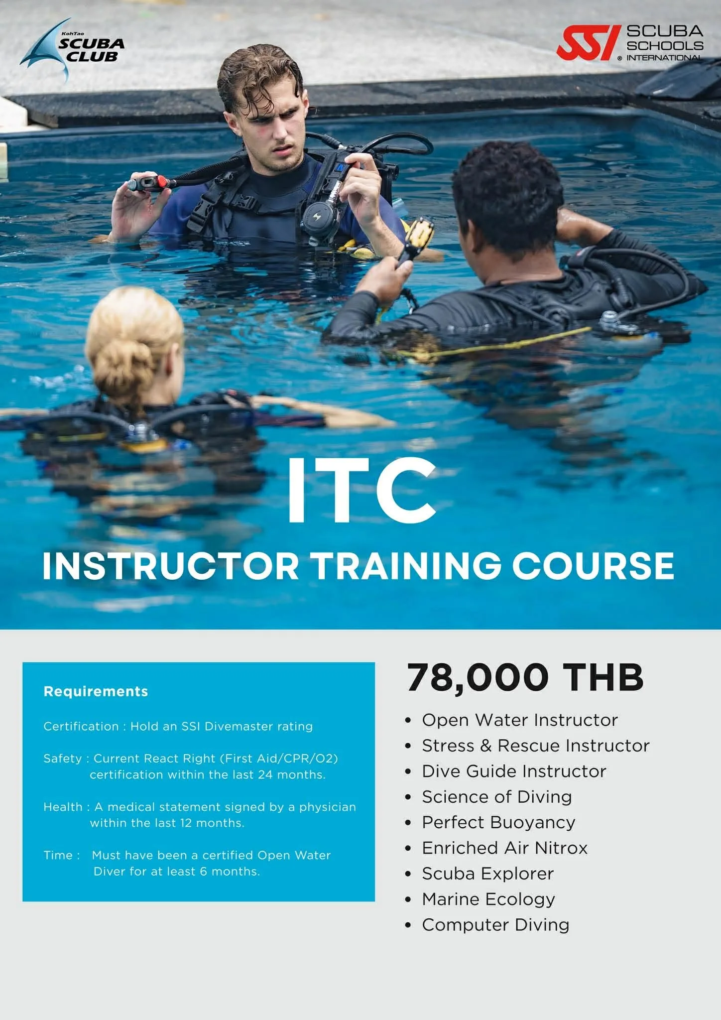 Instructor Training Course poster showing in-water teaching