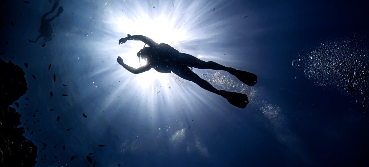 Pro SSI Scuba Diver exploring underwater coral reef, demonstrating advanced diving skills during an instructor training course.