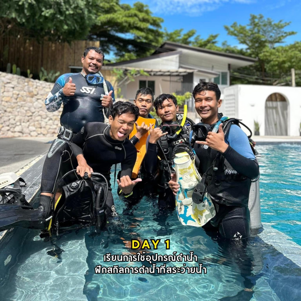 Scuba diving students practicing basic skills in shallow water